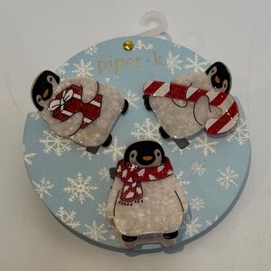 NWT Piper K Holiday Penguins 3pc Hair Claw Clip Set